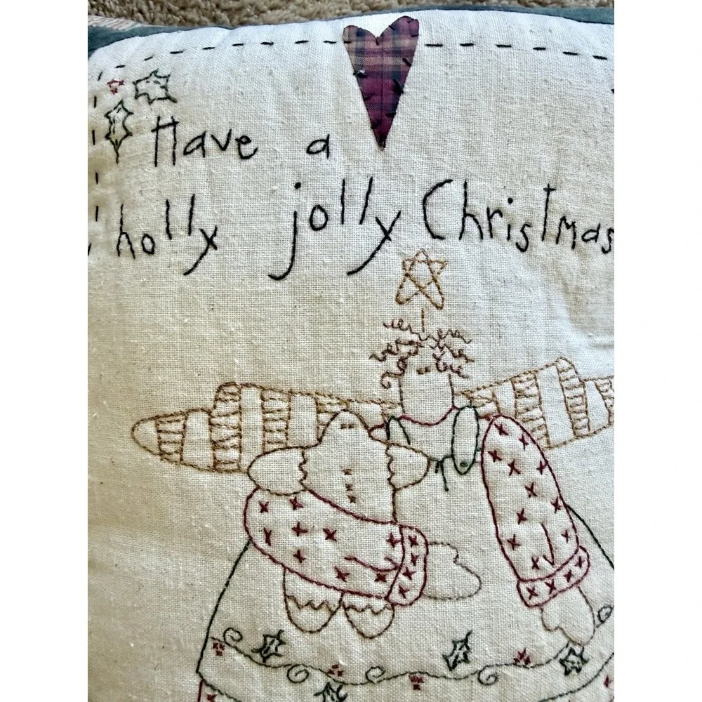Vintage Primitive Christmas Angel Handmade Pillow Folk Art Ticking Stripe 16